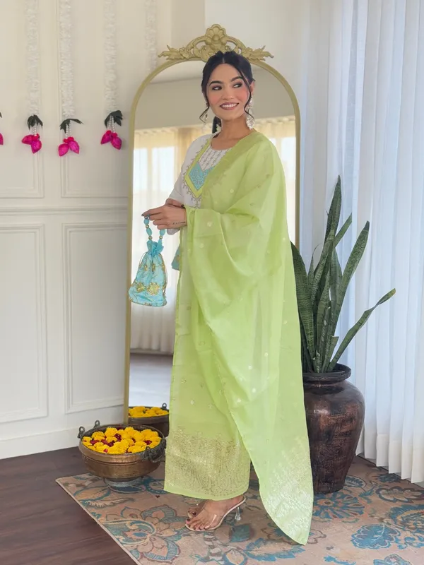 White_And_Light_Green_Viscose_Chanderi_Kurti_With_Pant_And_Dupatta_Set_For_Women