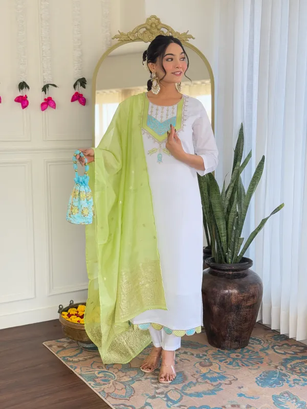 White_And_Light_Green_Viscose_Chanderi_Kurti_With_Pant_And_Dupatta_Set_For_Women