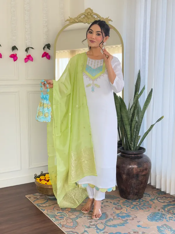 White_And_Light_Green_Viscose_Chanderi_Kurti_With_Pant_And_Dupatta_Set_For_Women