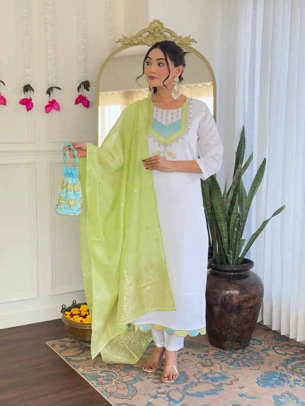 White_And_Light_Green_Viscose_Chanderi_Kurti_With_Pant_And_Dupatta_Set_For_Women