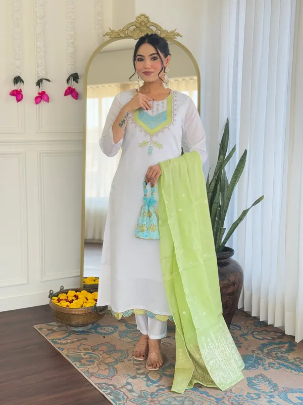 White_And_Light_Green_Viscose_Chanderi_Kurti_With_Pant_And_Dupatta_Set_For_Women