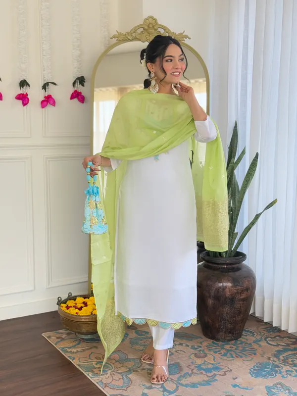 White_And_Light_Green_Viscose_Chanderi_Kurti_With_Pant_And_Dupatta_Set_For_Women