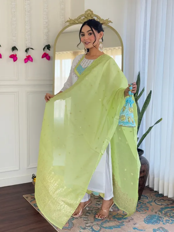 White_And_Light_Green_Viscose_Chanderi_Kurti_With_Pant_And_Dupatta_Set_For_Women