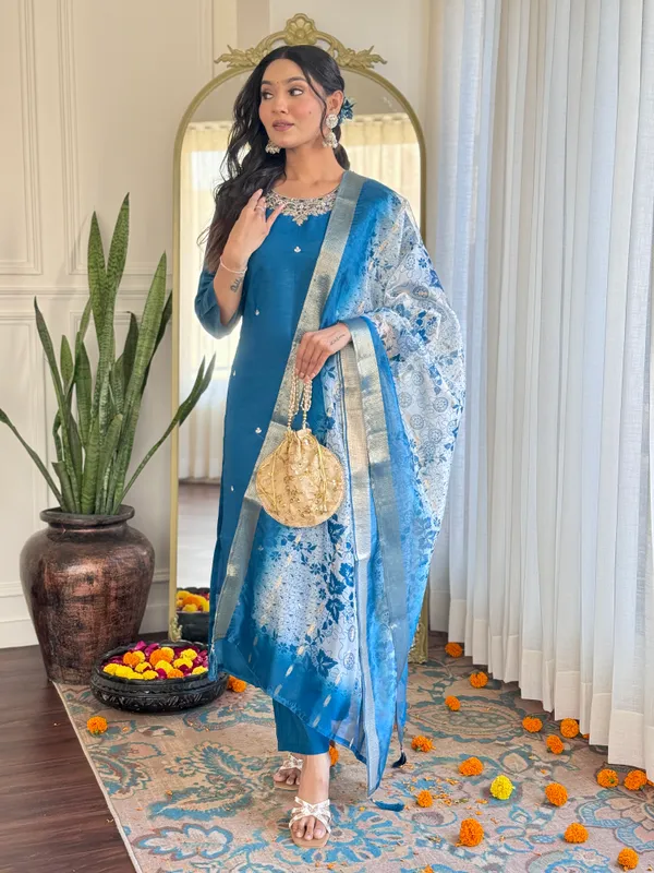 Sky_Blue_Roman_Silk_Kurti_With_Pant_And_Dupatta_Set_For_Women