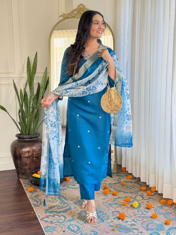 Sky_Blue_Roman_Silk_Kurti_With_Pant_And_Dupatta_Set_For_Women