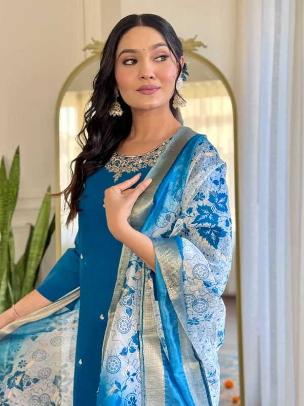 Sky_Blue_Roman_Silk_Kurti_With_Pant_And_Dupatta_Set_For_Women