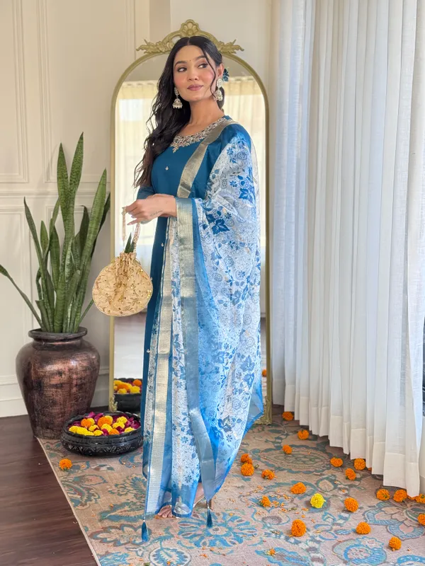 Sky_Blue_Roman_Silk_Kurti_With_Pant_And_Dupatta_Set_For_Women
