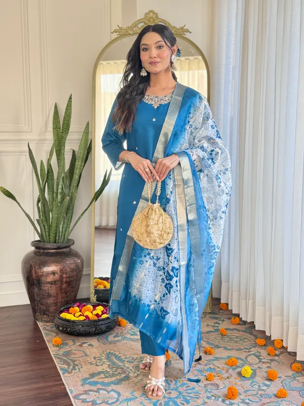 Sky_Blue_Roman_Silk_Kurti_With_Pant_And_Dupatta_Set_For_Women