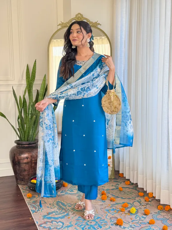 Sky_Blue_Roman_Silk_Kurti_With_Pant_And_Dupatta_Set_For_Women