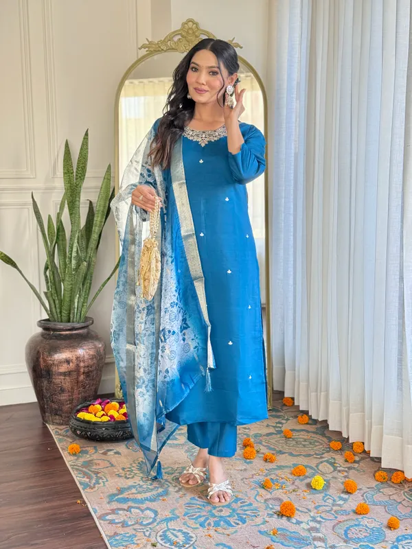 Sky_Blue_Roman_Silk_Kurti_With_Pant_And_Dupatta_Set_For_Women