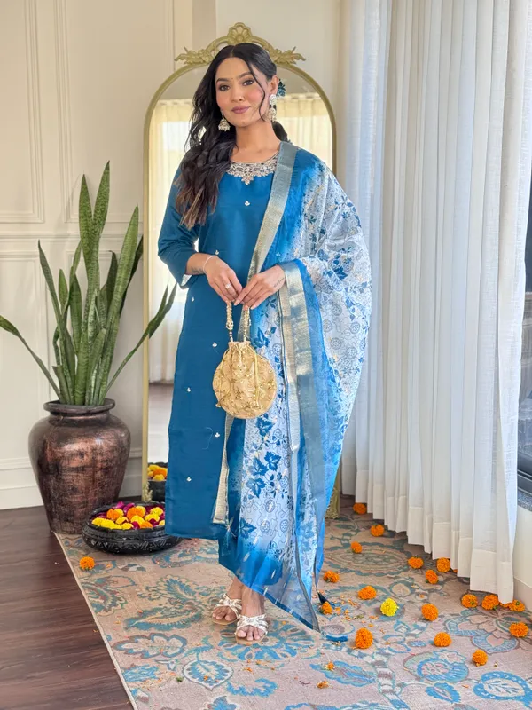 Sky_Blue_Roman_Silk_Kurti_With_Pant_And_Dupatta_Set_For_Women
