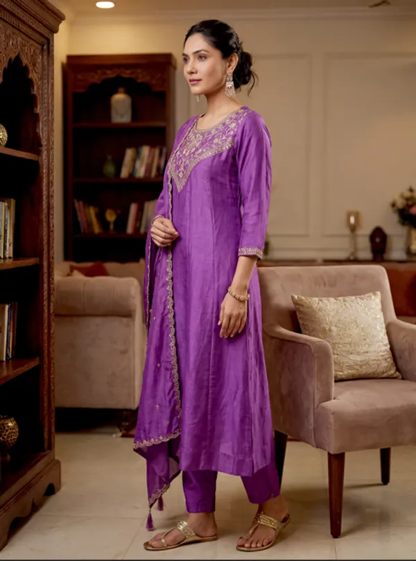 Purple_Vichitra_Silk_Kurti_With_Pant_And_Dupatta_Set_For_Women