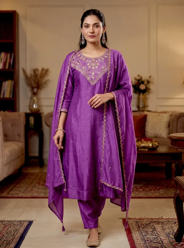 Purple_Vichitra_Silk_Kurti_With_Pant_And_Dupatta_Set_For_Women