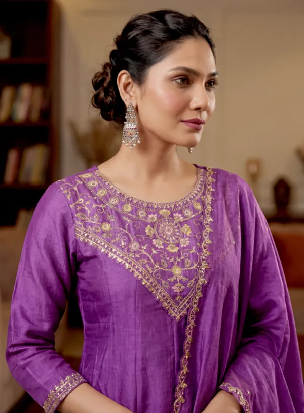 Purple_Vichitra_Silk_Kurti_With_Pant_And_Dupatta_Set_For_Women