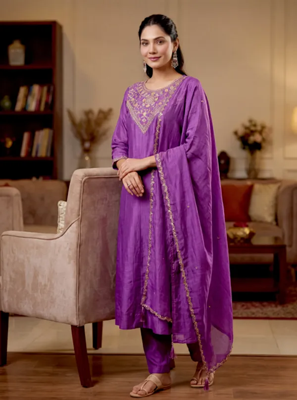 Purple_Vichitra_Silk_Kurti_With_Pant_And_Dupatta_Set_For_Women