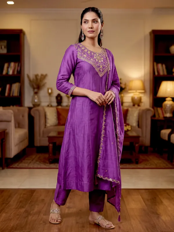 Purple_Vichitra_Silk_Kurti_With_Pant_And_Dupatta_Set_For_Women
