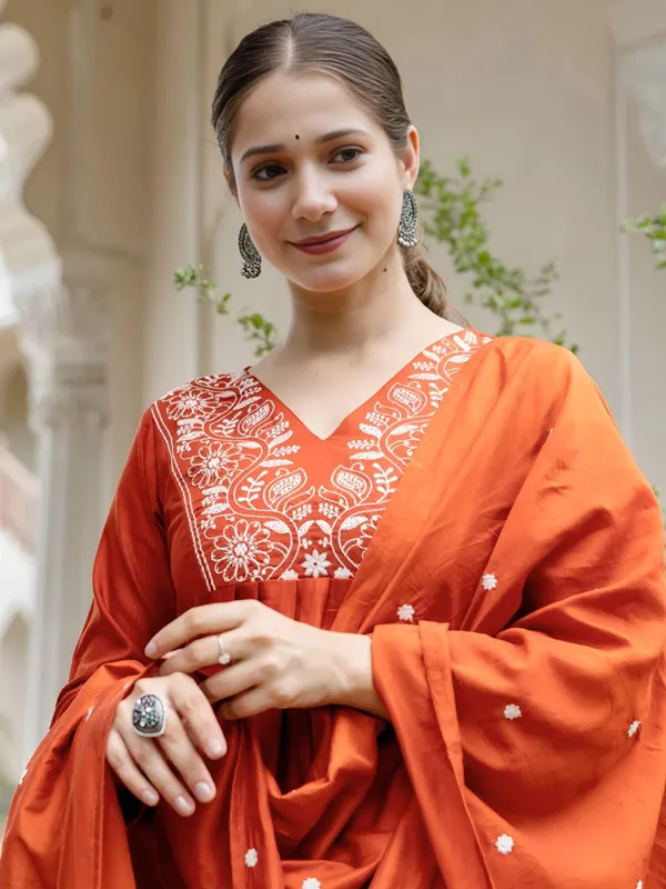 Orange_Viscose_Rayon_Kurti_With_Pant_And_Dupatta_Set_For_Women