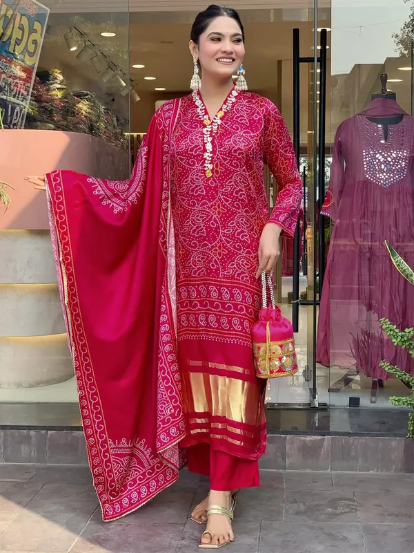 Red_Viscose_Silk_Kurti_With_Pant_And_Dupatta_Set_For_Women