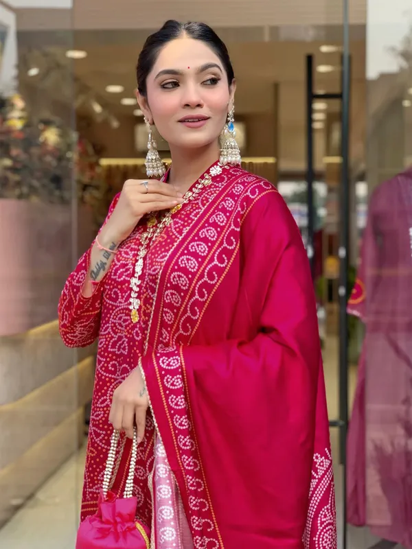 Red_Viscose_Silk_Kurti_With_Pant_And_Dupatta_Set_For_Women