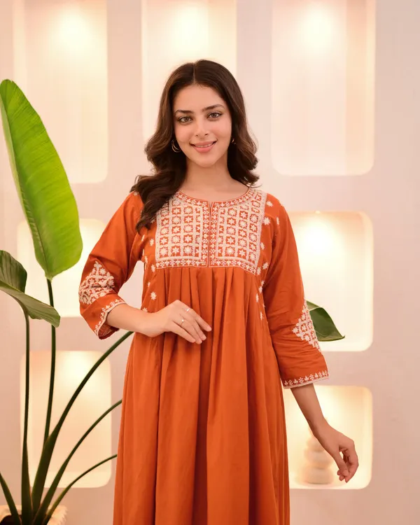 Orange_Viscose_Rayon_Kurti_With_Pant_Set_For_Women