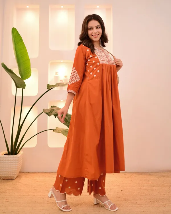 Orange_Viscose_Rayon_Kurti_With_Pant_Set_For_Women