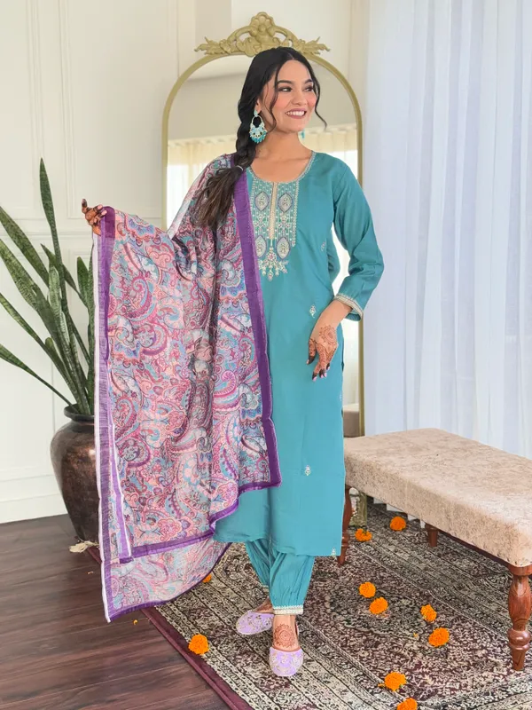 Sky_Blue_And_Purple_Cotton_Kurti_With_Pant_And_Dupatta_Set_For_Women