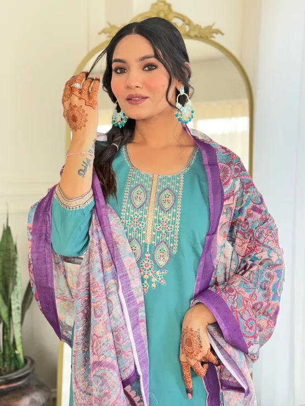 Sky_Blue_And_Purple_Cotton_Kurti_With_Pant_And_Dupatta_Set_For_Women