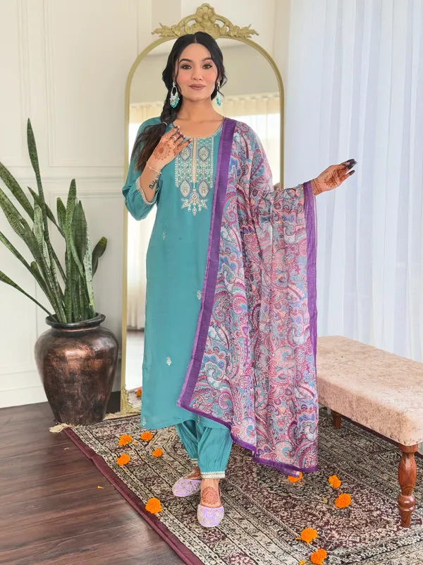 Sky_Blue_And_Purple_Cotton_Kurti_With_Pant_And_Dupatta_Set_For_Women