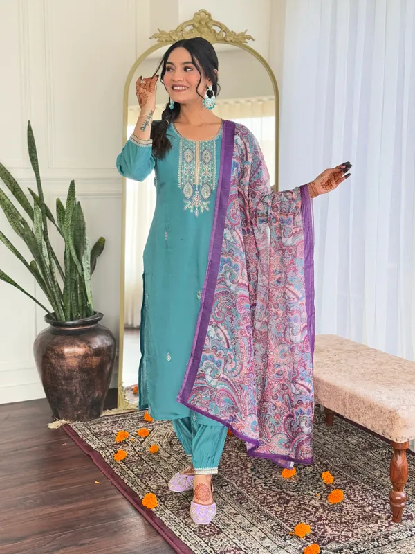Sky_Blue_And_Purple_Cotton_Kurti_With_Pant_And_Dupatta_Set_For_Women