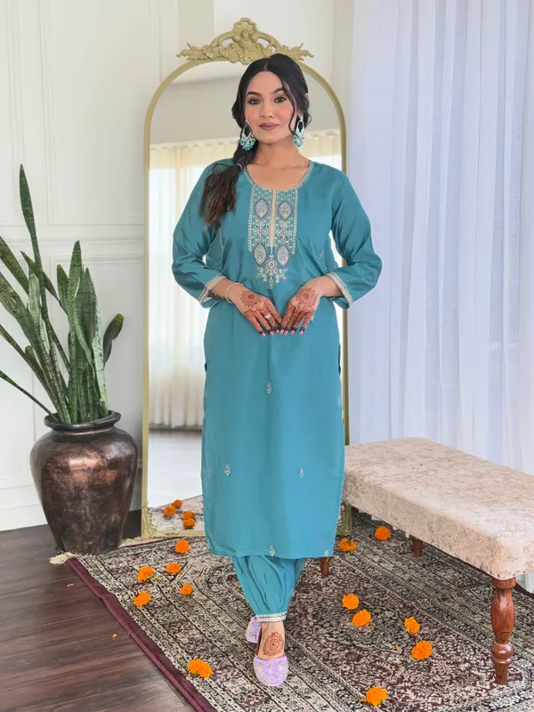 Sky_Blue_And_Purple_Cotton_Kurti_With_Pant_And_Dupatta_Set_For_Women