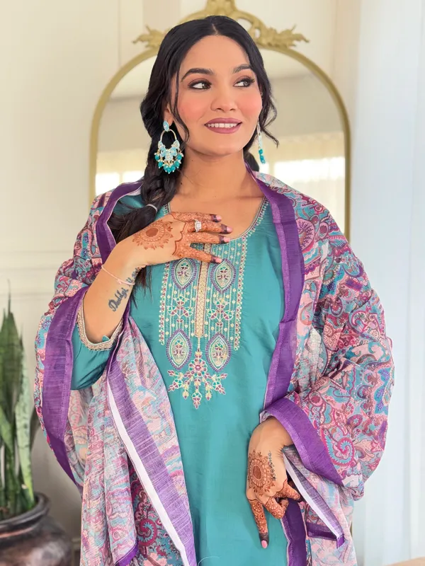 Sky_Blue_And_Purple_Cotton_Kurti_With_Pant_And_Dupatta_Set_For_Women