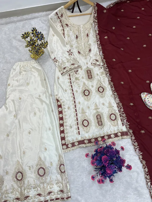 White_And_Red_Pure_Chinon_Silk_Plazzo_With_Dupatta_Set_For_Women