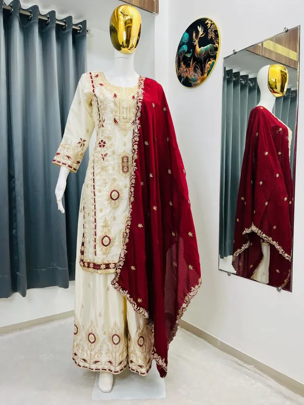 White_And_Red_Pure_Chinon_Silk_Plazzo_With_Dupatta_Set_For_Women