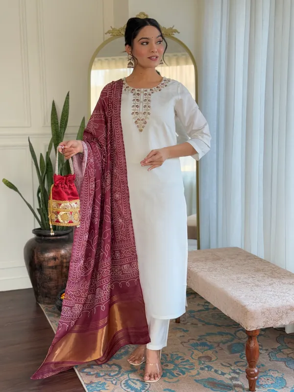 White_And_Brown_Roman_Silk_Kurti_With_Pant_And_Dupatta_Set_For_Women