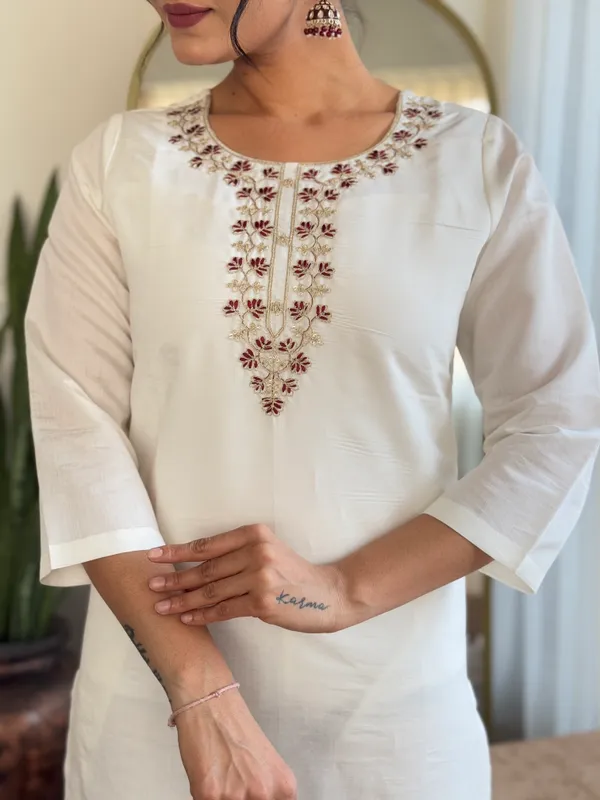 White_And_Brown_Roman_Silk_Kurti_With_Pant_And_Dupatta_Set_For_Women