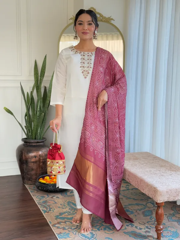 White_And_Brown_Roman_Silk_Kurti_With_Pant_And_Dupatta_Set_For_Women