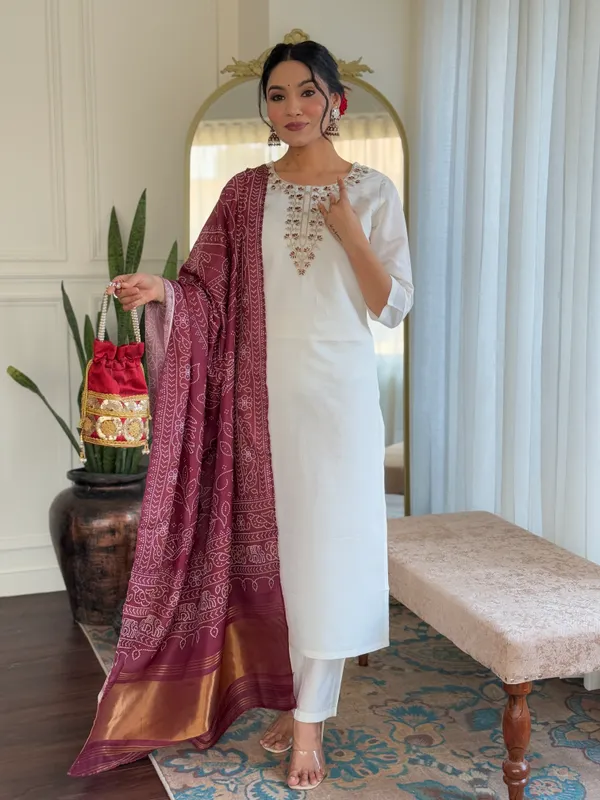White_And_Brown_Roman_Silk_Kurti_With_Pant_And_Dupatta_Set_For_Women