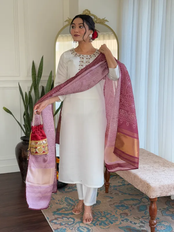 White_And_Brown_Roman_Silk_Kurti_With_Pant_And_Dupatta_Set_For_Women
