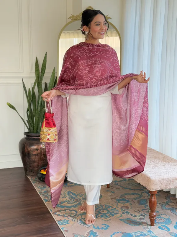 White_And_Brown_Roman_Silk_Kurti_With_Pant_And_Dupatta_Set_For_Women
