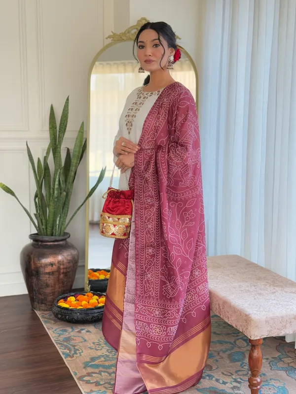 White_And_Brown_Roman_Silk_Kurti_With_Pant_And_Dupatta_Set_For_Women