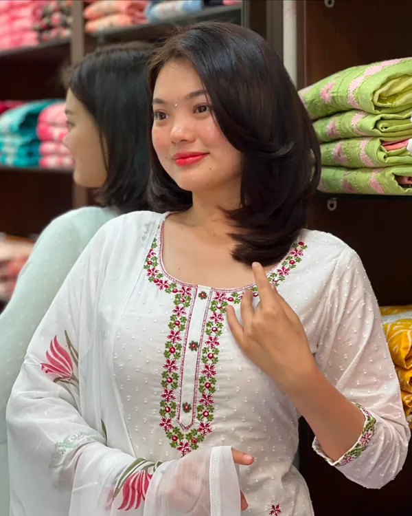 White_Georgette_Butti_Kurti_With_Pant_And_Dupatta_Set_For_Women
