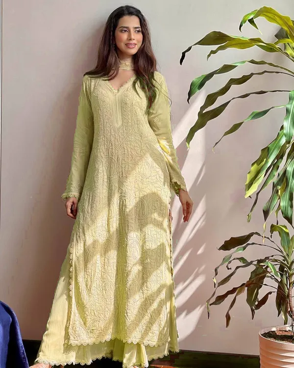 Light_Yellow_Fox_Georgette_Fabric_Chikankari_Kurti_For_Women
