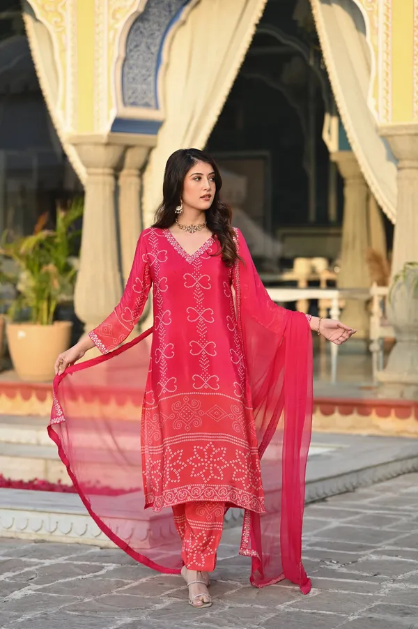 Red_Chinon_Silk_Kurti_With_Pant_And_Dupatta_Set_For_Women