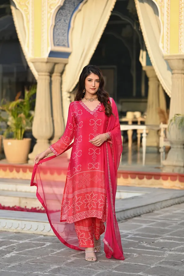Red_Chinon_Silk_Kurti_With_Pant_And_Dupatta_Set_For_Women