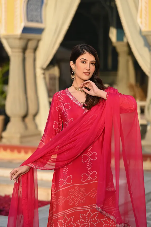 Red_Chinon_Silk_Kurti_With_Pant_And_Dupatta_Set_For_Women