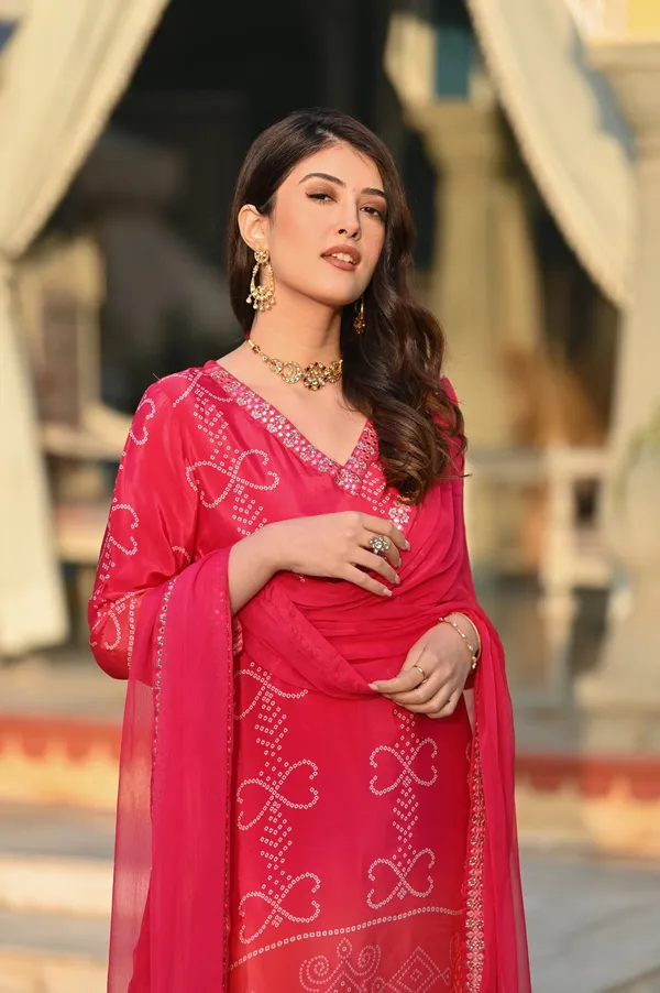 Red_Chinon_Silk_Kurti_With_Pant_And_Dupatta_Set_For_Women