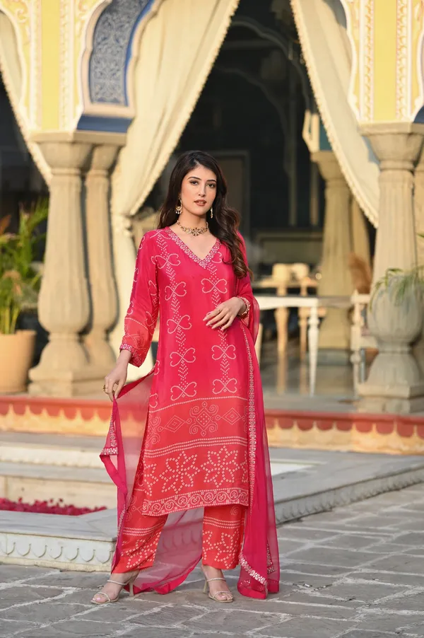 Red_Chinon_Silk_Kurti_With_Pant_And_Dupatta_Set_For_Women