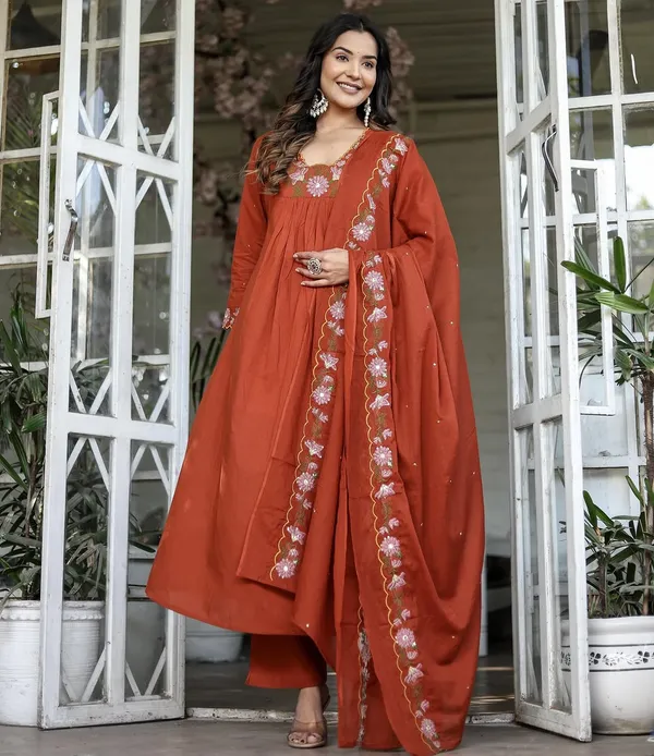 Brown_Soft_Rayon_Slub_Kurti_With_Pant_And_Dupatta_Set_For_Women