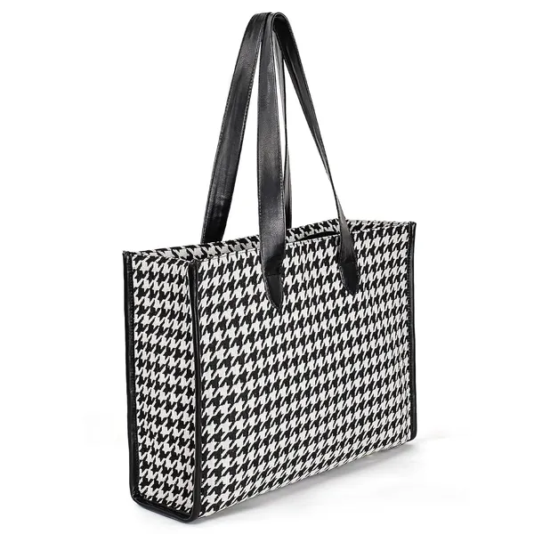 Black_And_White_Jacquard_Fabric_Tote_Handbag_For_Women