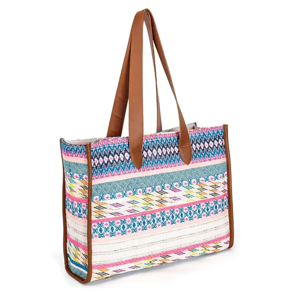 Brown_And_White_Jacquard_Fabric_Tote_Handbag_For_Women